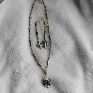 Artisan Green and Gold Beaded Necklace with Earrings